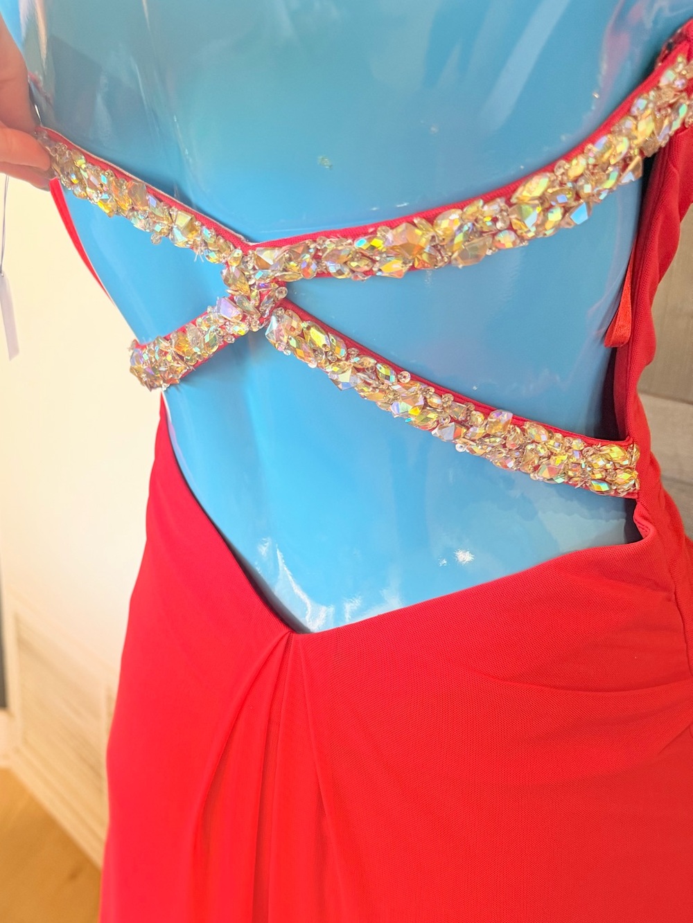 Authentic La Femme Red Strapless Gown with Sweatheart Neckline and Crossed Back - Picture 6 of 13